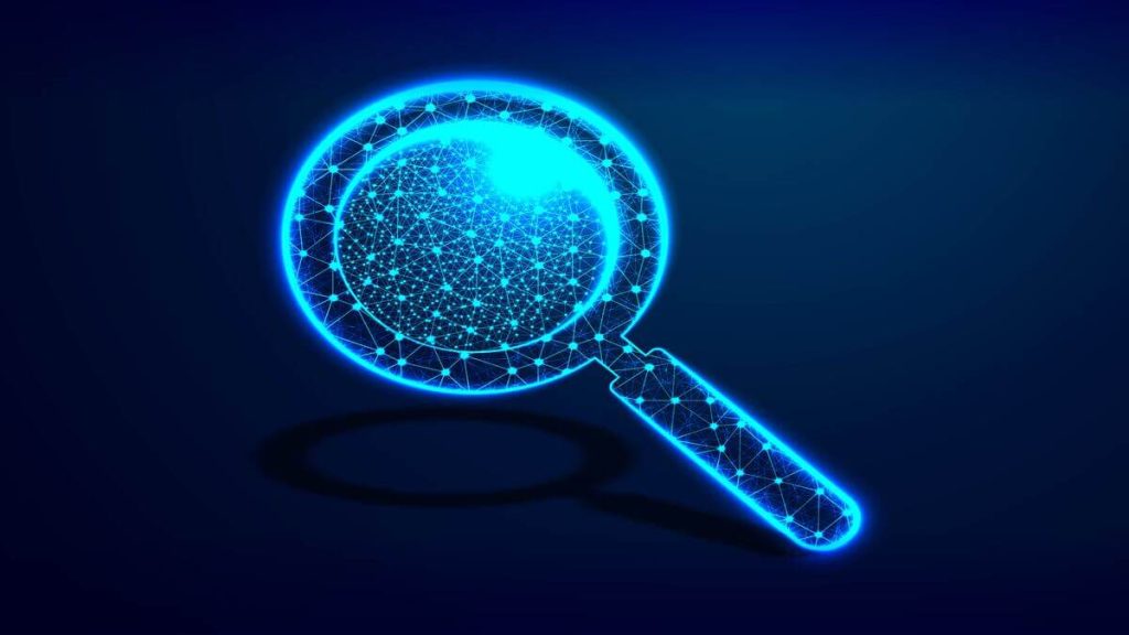 Yapay zeka destekli arama motoru optimizasyonunu simgeleyen neon mavi büyüteç ve dijital veri ağı illüstrasyonu.