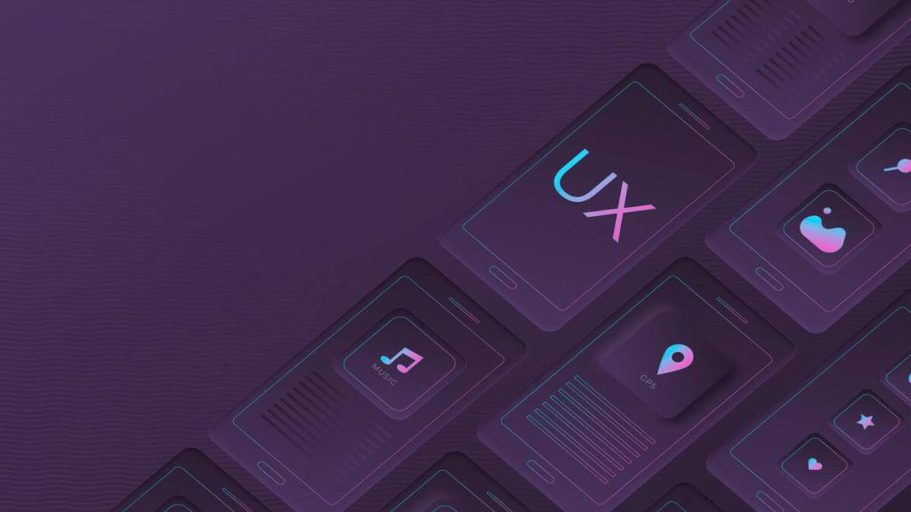 Koyu mor ve neon mavi-pembe çizgili, UX ve müzik ikonlu, fütüristik kullanıcı arayüzü çizimi; AEO ve bilgi mimarisi konsepti.