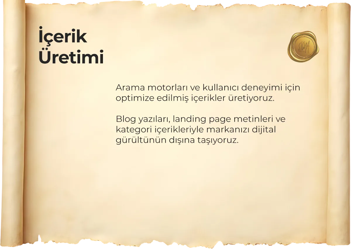 Signa Dijital İçerik Üretimi: Arama motorları ve kullanıcı deneyimi için optimize edilmiş içerikler üretiyoruz. Blog yazıları, landing page metinleri ve kategori içerikleriyle markanızı dijital gürültünün dışına taşıyoruz.