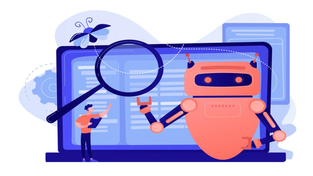 Yapay zekâ sistemlerinde arama sorgularının kelimeler yerine anlam ilişkisine göre taranmasını (semantic search) temsil eden robot illüstrasyonu.