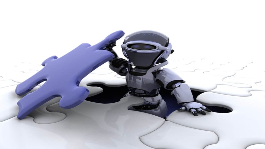 AI aramalarında kaynak gösterimini temsil eden, yapboz parçasını tamamlayan robot figürü